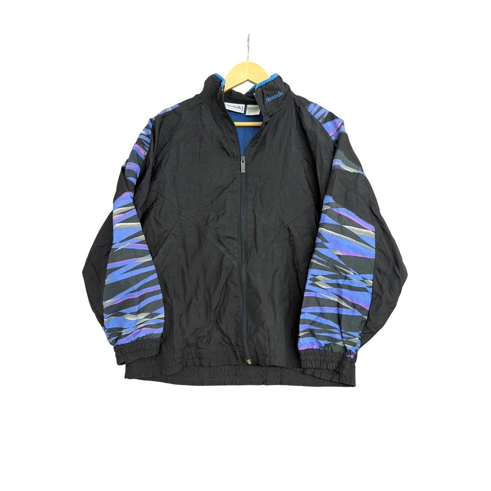 Vintage Reebok Mens Windbreaker Jacket Black Blue Purple Geometric Pattern S